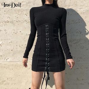 Robes décontractées insdoiit goth lace up up noire corset femmes streetwear esthétique vintage bodycon robe longue manche harajuku sexy fête