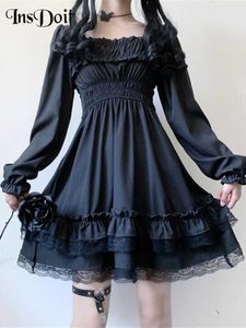 Robes décontractées InsDoit Lolita Gothic Black Corset Robe Femmes Vintage Dentelle Patchwork Ruché Esthétique Taille Haute Robe Punk Party A-Line Dress G230322