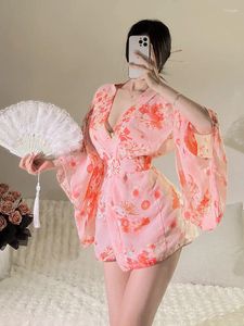 Vestidos casuales japonés sexy impreso gasa cintura atado kimono uniforme albornoz para mujeres vestido elegante rosa dulce linda chica S063