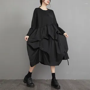 Robes décontractées Style japonais Patchwork Plis à manches longues Chic Fille Automne Robe noire Street Fashion Femmes Printemps Volants