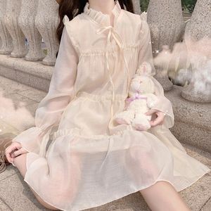 Vestidos casuales japonés dulce vestido de verano mujeres kawaii suave niña trompeta larga manga encaje princesa vestidos mujer lolita