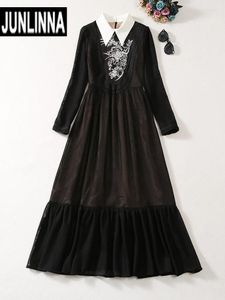 Robes décontractées Junlinna Fashion Designer Mesh broderie robe printemps automne born-bas collier noir couleur fête vestidos