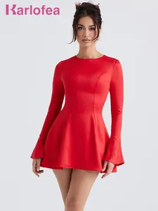 Robes décontractées Karlofea Vintage Runway Party élégant manches longues automne hiver basique vêtements de sortie pour femmes 2024 une ligne robe rouge