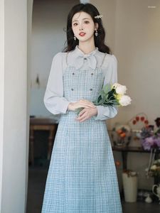 Robes décontractées Coréen Chic Design Bureau Lady Tenues Moderne Vintage Bleu Plaid Élégant Femme Robe Midi Automne Magnifique Faldas Robe