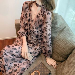 Robes décontractées mode coréenne imprimé léopard col cassé Floral longue robe femme printemps été 2023 français a-ligne manches