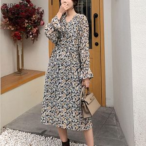 Robes décontractées Style coréen imprimé floral 2023 printemps col en v robe vintage femmes à manches longues en mousseline de soie robe femenino 13195