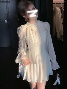 Robes décontractées Coréen Sweet Bow Mini robe en mousseline de soie Automne Mode élégante une pièce à manches longues Y2K Robes pour femmes Vêtements de vacances