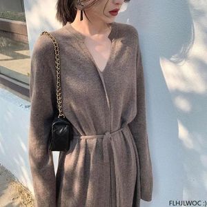 Robes décontractées à lacets longue maxi pull élégant chic mode femme pull tricoté robe hiver vêtements chauds