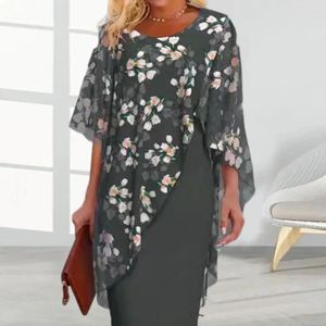 Robes décontractées Lady Commute Robe élégante imprimé floral en mousseline de soie midi pour les femmes style de gaine avec demi-manches encolure ronde formelle