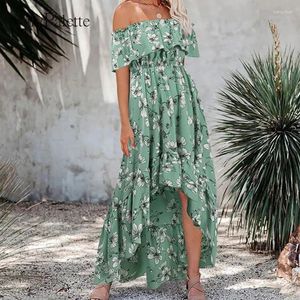 Vestidos informales Venta de bajo precio vestido de verano bohemio un hombro volantes delgados de cintura alta playa estampada estampada de vestir para mujeres largas