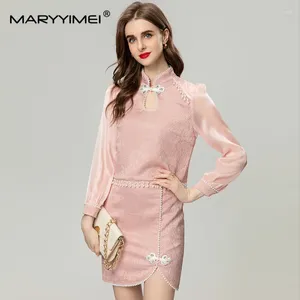 Robes décontractées Maryyimei Fashion Women's Stand-Up Collar Lantern Long-Sheeve Jacquard Perbe Diamond Chinese Style Spring Summer Mini Robe