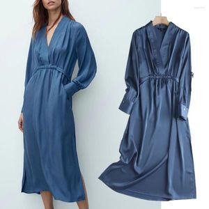 Robes décontractées Maxdutti automne LooseDress Wome élégante robe midi femmes angleterre style mode simple satin col en V fête n longs robes