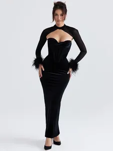 Robes décontractées Modphy plume velours fête maxi robe femme sexy dos nu manches longues moulante slash célébrité soirée noir