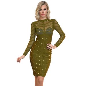 Vestidos informales de malla verde oliva con remaches de rayón hasta la rodilla, vestido ceñido al cuerpo Hl 2021, vestido Sexy de manga larga para fiesta de invierno de Monen