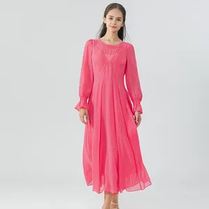 Vestidos casuales Melocotón Rosa Doble capa Georgette Seda O-cuello Mujeres Flare Mangas largas Tuck Pleats Vestido Otoño AE1719