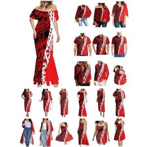 Robes Décontractées Polynésien Tonga Hawaii Fidji Guam Samoa Pohnpei Tatouage Tribal Imprimés Rouges Couple Vêtements Costumes Femmes Robe Assortie Hommes Chemise