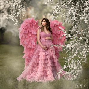 Vestidos casuales Pretty Blush Pink Ruffles Tulle Maternidad para Pografía Elegante Sin mangas Malla larga Vestidos de embarazo por encargo
