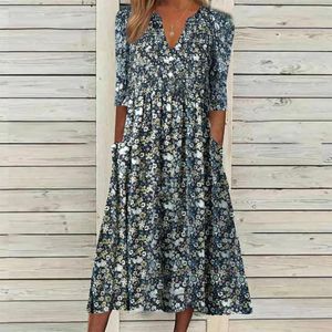 Robes décontractées jolies femmes col en V manches courtes poche longue robe pour les filles vacances robe d'été florale midi