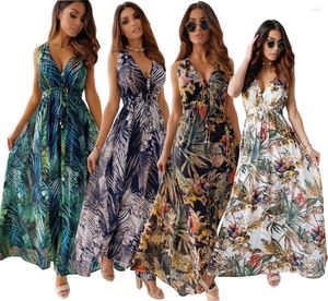 Vestidos casuales Imprimir Sexy Escote en V Profundo Sin Mangas Boho Maxi Vestido Sin Espalda Verano Vintage Largo Para Mujeres