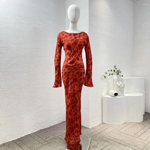 Robes décontractées Promotion 2024 printemps été sexy soie noire bleu rouge imprimé floral à manches longues mince de haute qualité robe midi