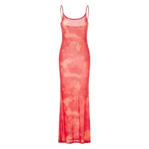 Vestidos informales Puloru Verano transparente Vestido floral transparente Straps sexy de espagueti de mujer Wrap Long para Beach Nightclub Bar