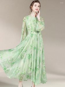 Vestidos casuales Vestido de seda real Primavera de gama alta Verde Floral Ropa de mujer Manga larga Maxi para Vestido
