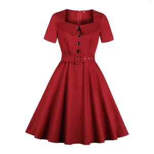Robes décontractées Party plissée rouge pour femmes Stuée vintage pin-up 50s 60s Rockabilly bouton celle élégante