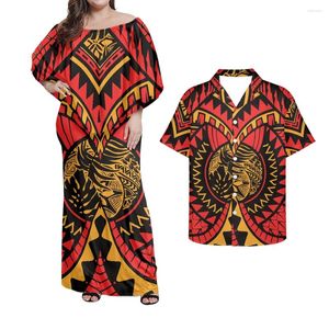 Robes décontractées Rouge Samoan Tonga Tribal Impression 2pcs Couple Costumes Robe de soirée élégante Femmes Correspondant Homme Chemises Boutonnées Robes de