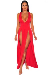 Robes décontractées rouge réservoir Slim Deep-V Maxi robe femmes 2023 été couleur unie Sexy élégant longue fête goutte en gros No.808