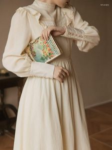 Vestidos casuales Retro estilo francés vestido de mujer vintage linterna manga volantes encaje elegante dama midi victoriano chic vestido festa
