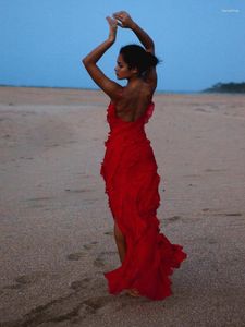 Vestidos casuales Ruffles gasa Maxi para mujeres 2023 espalda descubierta Split Sexy Porm vestido rojo largo verano boda fiesta elegante lujo