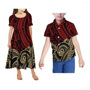 Vestidos casuales Estilo tribal samoano Traje para niños a juego Camisa azul para niños y vestido Chicas polinesias Niños largos hawaianos