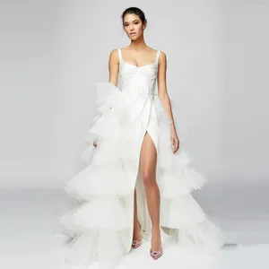 Vestidos informales Satén Largo Recto Dividir Novia con tren desmontable Blanco puro 2 piezas Vestidos de novia Falda envolvente con gradas esponjosas