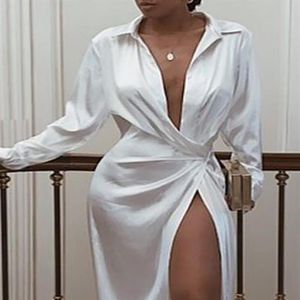 Robes décontractées Satin Soie Robe Sexy À Manches Longues Party Femmes Night Club Doux Automne Solide Split Turn Down306w