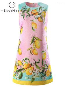 Vestidos casuales SEQINYY Mini vestido rosa Verano Primavera Moda Diseño Mujer Pasarela Alta calidad Jacquard Sicily Lemon Print Slim Elegante