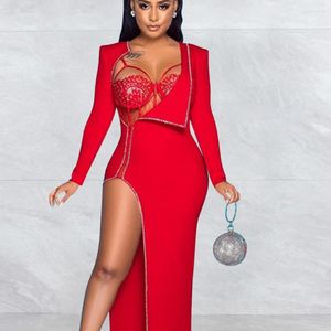 Robes décontractées Sexy Body Rouge Strass Sheer Mesh Maxi Robe Femmes À Manches Longues Haute Split Moulante Night Clubwear Y2k