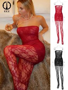 Robes décontractées Sexy dentelle rouge voir à travers la poitrine mini robe avec des leggings correspondant ensemble femmes bas costume fête coquette combinaisons