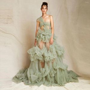 Robes décontractées Sexy See Thru Armée Vert Volant Tulle Robe Une Épaule A-ligne Femmes Maternité Mode Robes De Bal