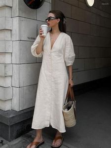 Casual Dresses Sexy V Neck Backless Long Women Summer Beige Puff Three Quarter Sleeve Dress Cotton Linen Fashion Robe 2023