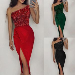 Vestidos casuales Vestido de mujer sexy Lentejuelas Glitter Sparkle Slash Cuello Tobe Top Sin mangas Midi Fiesta de noche Wrap Paquete de cadera