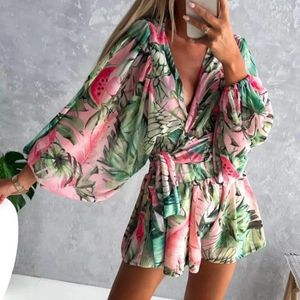 Robes décontractées Sexy Femmes Robe d'été Plage Fleur Imprimer Lanterne Manches Longues Combishort Combinaison Streetwear Bohème Boho