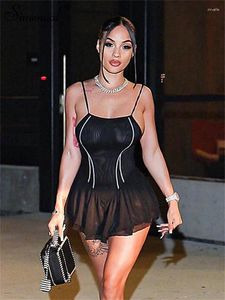 Robes décontractées Simenual Black Rave Clubwear Tenues Sexy Mesh Transparent Bretelles Super Mini Robe Y2K Sweet Lace-Up Party Dos Nu