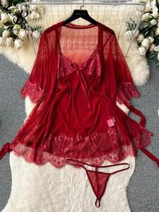 Robes décontractées Singreiny Femmes Sexy Dentelle Nightwear Costumes Transparent Robe courte Mesh Cardigans Strings 2024 Sheer Erotic Porn Nightdress