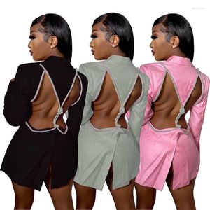 Vestidos casuales SKMY Sexy Open Back Moda Blazer Vestido 2023 Otoño Ropa de mujer Botón Profundo Cuello en V Manga larga Bodycon Clubwear