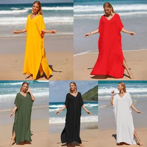 Robes décontractées bleu massif plus taille longue kaftan vneck robe été maxi robe femme vestime plage wear maillot de bain couverture de bikini veste 230130