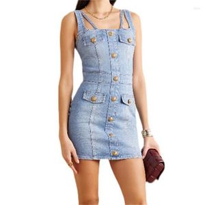 Vestidos casuales Vestido de verano Mujer 2023 Trendy Y 2k Vintage Washed Metal Button Decoración Mini falda Algodón Denim Big Name Top sin mangas