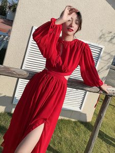 Vestidos casuales Moda de verano Falda de mujer Diseño Sense Manga larga Color sólido Gasa Hollow Slit Beach French Long