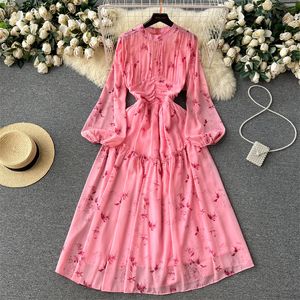 Vestidos informales, novedad de verano, vestido Floral de longitud media para mujer, cuello redondo, cintura alta, cuello redondo, manga larga, estampado de flores, vestido de gasa, Vestidos 2023