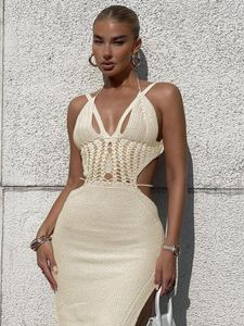 Vestidos casuales Verano Sexy Y2K Ropa Hollow Out Lace Up Sin mangas Backless Side Slit Crochet Bodycon Midi Dress para mujeres
