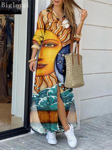 Vestidos casuales, vestido camisero de verano para mujer, estampado de grafiti de leopardo, manga larga para mujer, suelto para mujer 2023